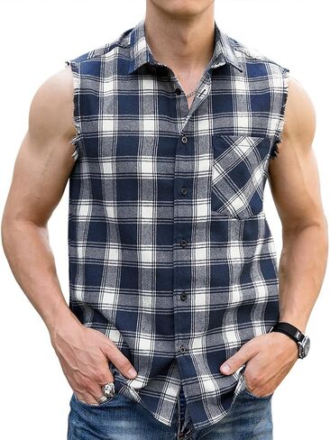LOGEEYAR Men's Sleeveless Shirt Plaid Flannel Shirt, Button Down Casual Shirts Vest Shirt in Kuwait