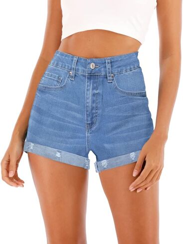 جينز Cuihur نسائي ممزق عالي الخصر وحاشية ملفوفة قابلة للتمدد وغير رسمية من قماش الدنيم الممزق in Kuwait