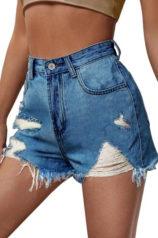 HOCAIES Women's Juniors Jean Shorts Frayed Raw Hem High Waisted Ripped Denim Shorts for Women in Kuwait