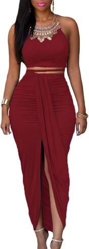 HUUSA Women's Sexy 2 Piece Skirt Sets Elegant Bodycon Maxi Dress Sleeveless Tank Shirt Tops High Waist Ruched Slit Long Dress in Saudi Arabia