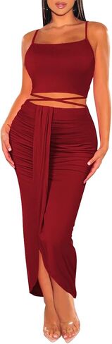HUUSA Women's Sexy 2 Piece Skirt Sets Elegant Bodycon Maxi Dress Sleeveless Tank Shirt Tops High Waist Ruched Slit Long Dress in Saudi Arabia
