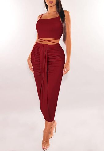 HUUSA Women's Sexy 2 Piece Skirt Sets Elegant Bodycon Maxi Dress Sleeveless Tank Shirt Tops High Waist Ruched Slit Long Dress in Saudi Arabia