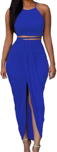 HUUSA Women's Sexy 2 Piece Skirt Sets Elegant Bodycon Maxi Dress Sleeveless Tank Shirt Tops High Waist Ruched Slit Long Dress in Kuwait