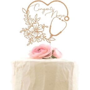 غلاف كعكة Congrats Nurse - ديكور كعكة التخرج BSN RN اللامع - فئة 2024 ديكورات حفلات خريجي كلية الطب باللون الذهبي الوردي