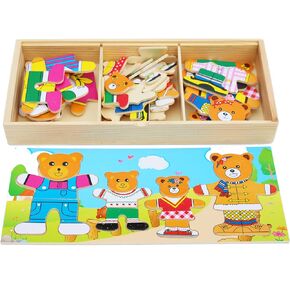 TOWO Wooden Bear Family Dress up Puzzle Box - Sorting and Matching Jigsaw Puzzle - Wooden Sorting Toys for 3 Year Old - Wooden Puzzles for 3 Years Old Girls