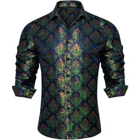 DiBanGu Mens Shirt, Paisley Floral Dress Shirt Long Sleeve with Collar Pin Brooch