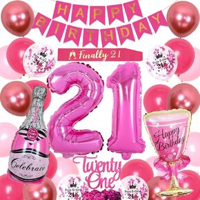 21st Birthday Decorations for Her Hot Pink Happy 21st Birthday Decorations Banner for Her 21 Birthday Hot Pink Balloons Twenty One Cake Topper Foil Balloon Finally 21 Birthday Sash