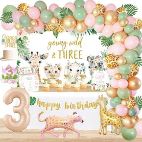 YSHMFEUX Young Wild & Three Birthday Decorations Supplies, Wild Three Birthday Decorations for Girl, Jungle Safari Animal 3rd Birthday Decorations Girl, Wild And Three Backdrop Balloons Arch Cake Topper in Kuwait