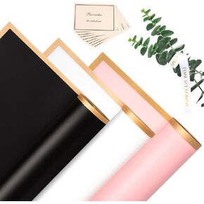 فيوسوري 30 قطعة من ورق تغليف الزهور لمستلزمات باقة الزهور مقاوم للماء مع شريط وبطاقات 22.8 × 22.8 انش in Kuwait