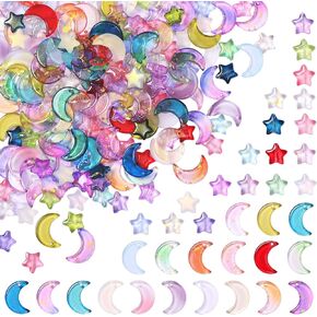 Suzile 200 Pcs Star and Moon Glass Beads 16mm Moon Crescent Crystal Beads Gradient Moon Pendant 10mm Star Crystal Glass Beads Star Spacer Beads Glitter Powder Top Drilled for DIY Craft Accessories in Saudi Arabia