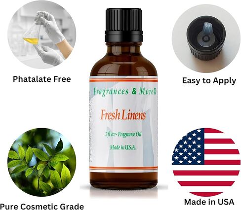 العطور والمزيد من زيت عطر البياضات المنعشة لصنع الشموع 2 أونصة. 60 مل. زيوت ناشرة لرائحة الشموع لصناعة الشموع. زيت معطر للزيوت العطرية المنزلية لصناعة الصابون والزيوت العطرية. in Kuwait