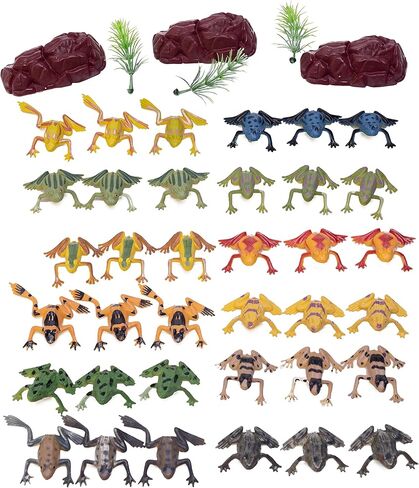 SUCCUNA 36pcs Plastic Frog Toy Mini Tiny Fake Frogs Toad Figurines with 3pcs Artificial Trees and 3pcs Fake Stones Vinyl Miniature Realistic Jumping Frog Rainforest Animals Figures for Party Decor in Kuwait