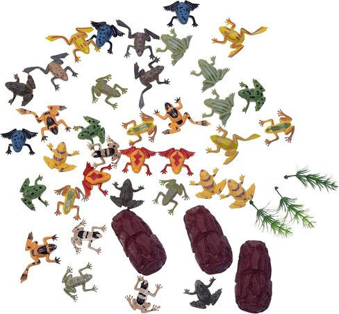 SUCCUNA 36pcs Plastic Frog Toy Mini Tiny Fake Frogs Toad Figurines with 3pcs Artificial Trees and 3pcs Fake Stones Vinyl Miniature Realistic Jumping Frog Rainforest Animals Figures for Party Decor in Kuwait