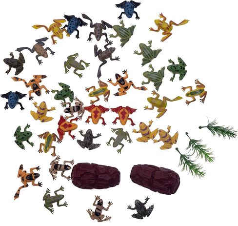 SUCCUNA 36pcs Plastic Frog Toy Mini Tiny Fake Frogs Toad Figurines with 3pcs Artificial Trees and 3pcs Fake Stones Vinyl Miniature Realistic Jumping Frog Rainforest Animals Figures for Party Decor in Kuwait