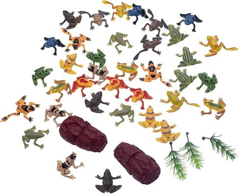SUCCUNA 36pcs Plastic Frog Toy Mini Tiny Fake Frogs Toad Figurines with 3pcs Artificial Trees and 3pcs Fake Stones Vinyl Miniature Realistic Jumping Frog Rainforest Animals Figures for Party Decor in Kuwait
