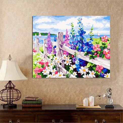 مجموعة طلاء ارقام ذاتية الصنع للبالغين - زهور | لوحات المناظر الطبيعية بالارقام، لوحات فنية فنية لتزيين جدار المنزل، قماش مطبوع مسبقا بجودة الفن، 3 فرش، 24 طلاء اكريليك in Kuwait