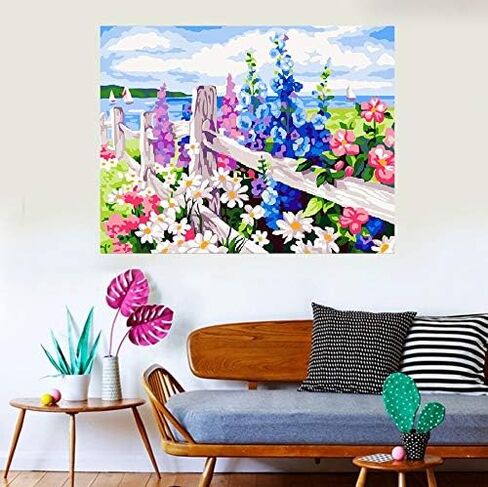 مجموعة طلاء ارقام ذاتية الصنع للبالغين - زهور | لوحات المناظر الطبيعية بالارقام، لوحات فنية فنية لتزيين جدار المنزل، قماش مطبوع مسبقا بجودة الفن، 3 فرش، 24 طلاء اكريليك in Kuwait