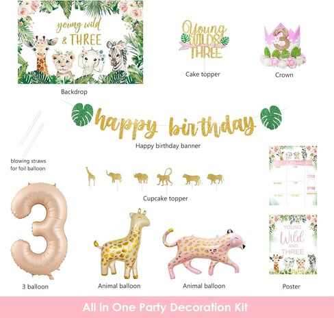 YSHMFEUX Young Wild & Three Birthday Decorations Supplies, Wild Three Birthday Decorations for Girl, Jungle Safari Animal 3rd Birthday Decorations Girl, Wild And Three Backdrop Balloons Arch Cake Topper in Kuwait