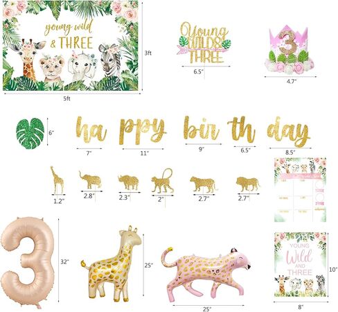 YSHMFEUX Young Wild & Three Birthday Decorations Supplies, Wild Three Birthday Decorations for Girl, Jungle Safari Animal 3rd Birthday Decorations Girl, Wild And Three Backdrop Balloons Arch Cake Topper in Kuwait