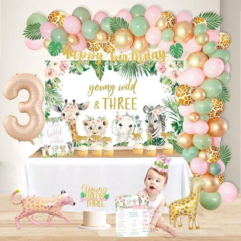 YSHMFEUX Young Wild & Three Birthday Decorations Supplies, Wild Three Birthday Decorations for Girl, Jungle Safari Animal 3rd Birthday Decorations Girl, Wild And Three Backdrop Balloons Arch Cake Topper in Kuwait