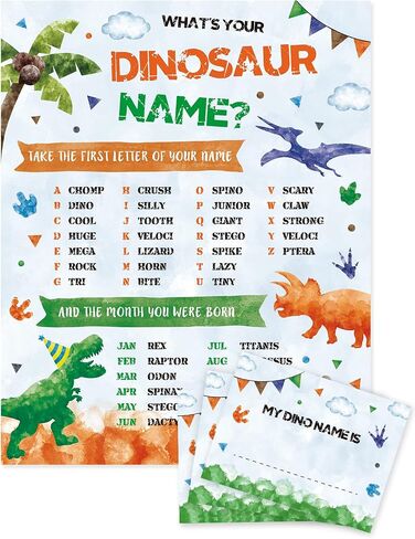 What's Your Dinosaur Name Game - لوازم الحفلات الديناصورات المائية للبنين والأطفال عيد ميلاد الطفل دش حفلة لعبة تسجيل 25 قطعة اسم دينو العلامات ملصقات نشاط أفكار الديكور in Saudi Arabia