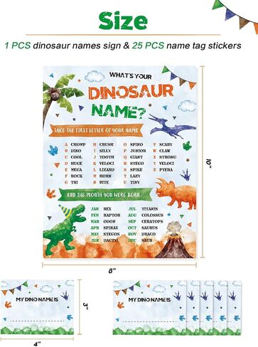 What's Your Dinosaur Name Game - لوازم الحفلات الديناصورات المائية للبنين والأطفال عيد ميلاد الطفل دش حفلة لعبة تسجيل 25 قطعة اسم دينو العلامات ملصقات نشاط أفكار الديكور in Saudi Arabia