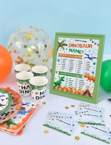 What's Your Dinosaur Name Game - لوازم الحفلات الديناصورات المائية للبنين والأطفال عيد ميلاد الطفل دش حفلة لعبة تسجيل 25 قطعة اسم دينو العلامات ملصقات نشاط أفكار الديكور in Saudi Arabia