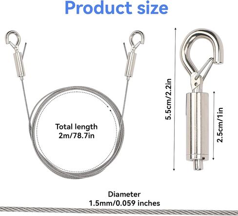 2PACK Adjustable Picture Hanging Wire Hooks 2m x1.5mm, Wire for Hanging Christmas Decoration Pictures, Heavy Duty Stainless Steel Wire Rope with Loop and Hook for Hanging Mirror, Lamp, Flowerpot in Saudi Arabia