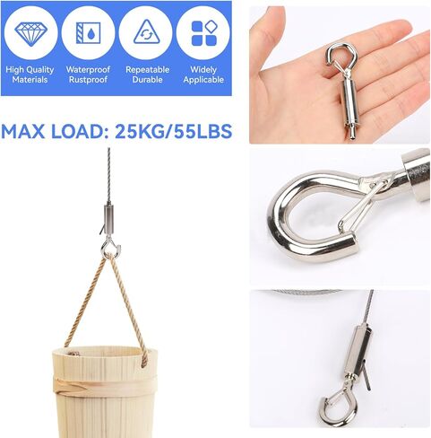2PACK Adjustable Picture Hanging Wire Hooks 2m x1.5mm, Wire for Hanging Christmas Decoration Pictures, Heavy Duty Stainless Steel Wire Rope with Loop and Hook for Hanging Mirror, Lamp, Flowerpot in Saudi Arabia