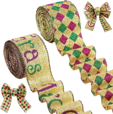 2 Rolls 20 Yards Mardi Gras Glitter Harlequin Wired Edge Ribbon Mardi Gras Decorations Gold Green Purple Wired Ribbon Diamond Ribbon Check Fabric Ribbons for Mardi Gras Masquerade Party 2.5 Inch in Saudi Arabia