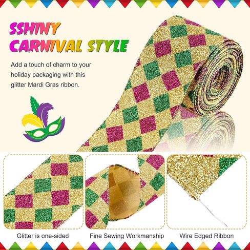 2 Rolls 20 Yards Mardi Gras Glitter Harlequin Wired Edge Ribbon Mardi Gras Decorations Gold Green Purple Wired Ribbon Diamond Ribbon Check Fabric Ribbons for Mardi Gras Masquerade Party 2.5 Inch in Saudi Arabia
