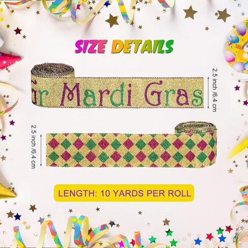 2 Rolls 20 Yards Mardi Gras Glitter Harlequin Wired Edge Ribbon Mardi Gras Decorations Gold Green Purple Wired Ribbon Diamond Ribbon Check Fabric Ribbons for Mardi Gras Masquerade Party 2.5 Inch in Saudi Arabia