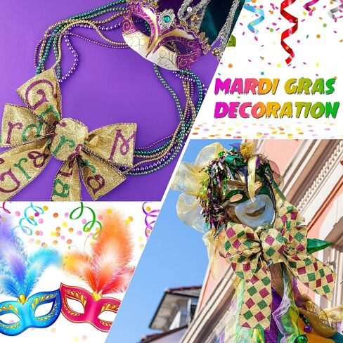 2 Rolls 20 Yards Mardi Gras Glitter Harlequin Wired Edge Ribbon Mardi Gras Decorations Gold Green Purple Wired Ribbon Diamond Ribbon Check Fabric Ribbons for Mardi Gras Masquerade Party 2.5 Inch in Saudi Arabia