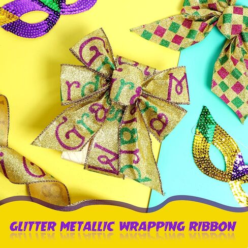 2 Rolls 20 Yards Mardi Gras Glitter Harlequin Wired Edge Ribbon Mardi Gras Decorations Gold Green Purple Wired Ribbon Diamond Ribbon Check Fabric Ribbons for Mardi Gras Masquerade Party 2.5 Inch in Saudi Arabia