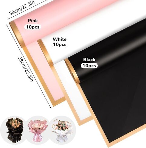 فيوسوري 30 قطعة من ورق تغليف الزهور لمستلزمات باقة الزهور مقاوم للماء مع شريط وبطاقات 22.8 × 22.8 انش in Kuwait