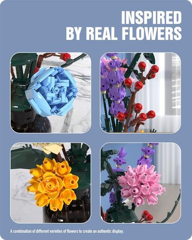 مجموعة بناء ديكور الزهور من نيفيلز، مجموعة بناء الزهور الملونة عرض نموذج الزهور أفكار الديكور الإبداعية هدية زهرة، مشروع بناء الاسترخاء للبالغين (421 قطعة) in Kuwait