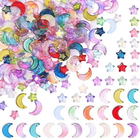 Suzile 200 Pcs Star and Moon Glass Beads 16mm Moon Crescent Crystal Beads Gradient Moon Pendant 10mm Star Crystal Glass Beads Star Spacer Beads Glitter Powder Top Drilled for DIY Craft Accessories in Saudi Arabia