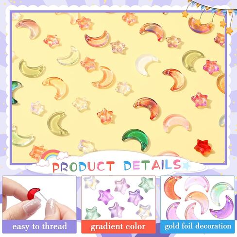 Suzile 200 Pcs Star and Moon Glass Beads 16mm Moon Crescent Crystal Beads Gradient Moon Pendant 10mm Star Crystal Glass Beads Star Spacer Beads Glitter Powder Top Drilled for DIY Craft Accessories in Saudi Arabia