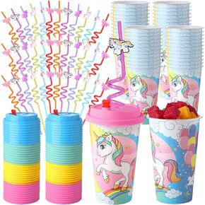 Maxcheck 36 Sets Unicorn Party Favors 36 Pcs 16 oz Rainbow Goodie Cups Plastic Party Cups with 4 Colors Lids 36 Pcs Reusable Plastic Straws Colorful Straws for Girls Boys Birthday Decorations Supplies