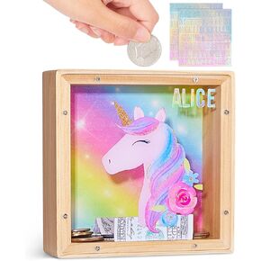 Wooden Piggy Bank for Kids Boys Girls, DIY Name Coin Bank Unicorn Dinosaur Money Bank with Letter Stickers in Saudi Arabia