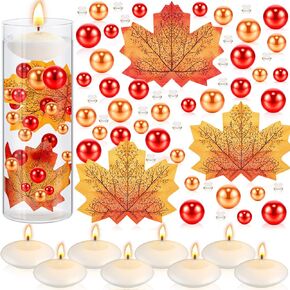 MTLEE 2124 Pcs Thanksgiving Vase Filler Faux Pearl for Vase Filler with 8 White Unscented Candles 2000 Water Gel Beads for Thanksgiving Fall Home Table Party Festival Decors(Maple Leaves)