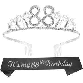 88th Birthday Sash and Tiara for Women - Fabulous Glitter Sash + Waves Rhinestone Silver Premium Metal Tiara for Her, 88th Birthday Gifts for 88 Celebration in Kuwait