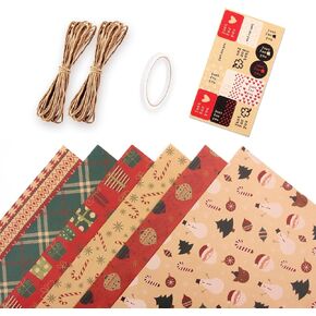 6 Pcs Set Christmas Wrapping Paper Birthday Wrapping Paper For Boy Men Women Girls Kid, Recycled Kraft Wrapping Paper, 20 x 28 inches Brown Kraft Folded Paper with Jute Strings, Stickers and Bows in Kuwait