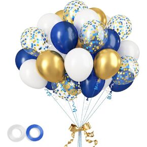 Navy Blue White Balloons, 60 pcs 12 Inch Blue Metallic Silver White Balloons with Confetti Balloons, Navy Blue Latex Balloons, Blue White Helium Balloons for Birthday Baby Shower Party Decorations