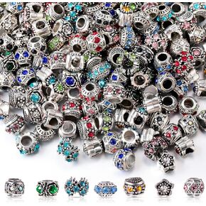 200 Pieces Assorted European Beads with Plating Silver Metal Rhinestone European Lampwork Charms Beads Alloy Large Hole Spacer Beads Antique Paracord Beads for DIY Charm Bracelet Jewelry Making in Kuwait