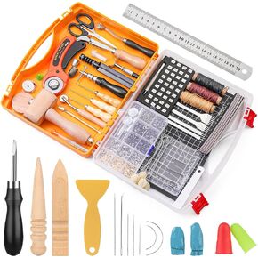 185 Pcs Leather Working Tools, Leather Working Tools and Supplies, Kit with Rotary Cutter and Mat, Hammer Stamping Tools, Awl, Tape Measure, Hand Stitching Tool Set for Sewing Leather Craft in Kuwait