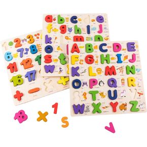 XJYQJD Wooden Alphabet Puzzle for Toddlers, 3 in 1 Lower Case Alphabet Letter Puzzles ABC Uppercase & Lowercase & Number Puzzle Set for Preschoolers Kids Ages 3-5 Alphabet Learning Educational Toy