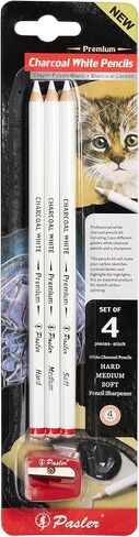 Pasler white charcoal pencils kit- including Soft,Medium,Hard white charcoal pencils and a sharpener,great for drawing, sketching, shading, blending (set of 4) in Kuwait