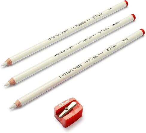 Pasler white charcoal pencils kit- including Soft,Medium,Hard white charcoal pencils and a sharpener,great for drawing, sketching, shading, blending (set of 4) in Kuwait