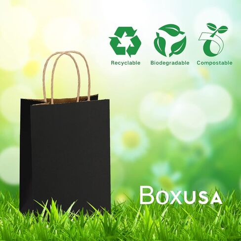 كيس ورق boxusa 8x4.25x10.5 أسود 110 قطعة أكياس هدايا أكياس ورقية متوسطة الحجم مع مقابض، أكياس كرافت كبيرة، أكياس تسوق ورقية، حقائب هدايا، أكياس بيع بالتجزئة، أكياس ورقية لحفلات الزفاف وعيد الميلاد وعيد الحب وعيد الميلاد in Kuwait